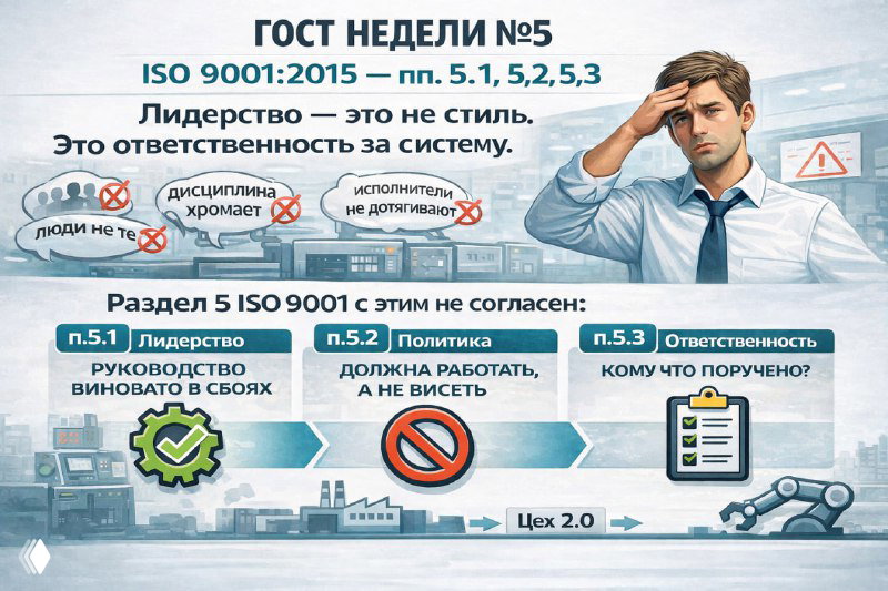 ISO 9001:2015 — пп. 5.1–5.3: лидерство и ответственность