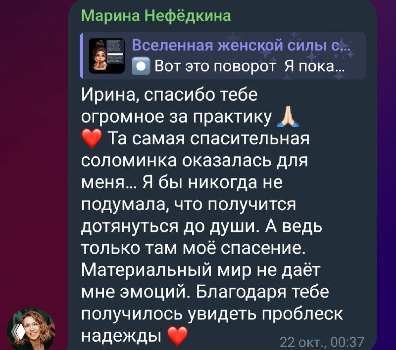 Скриншот отзыва в мессенджере: благодарственный текст за практику, видны элементы интерфейса чата и обрезанные аватары пользователей