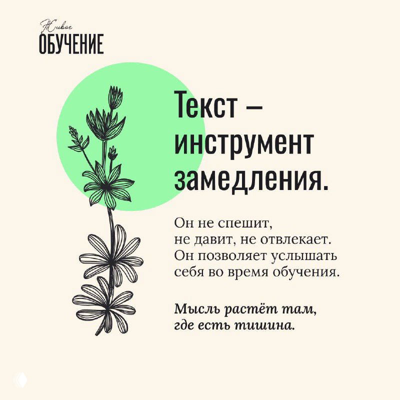 Квадратная карточка с фразой «Текст — инструмент замедления», зелёный круг и контурный рисунок травы на бежевом фоне, спокойный стиль дизайна.