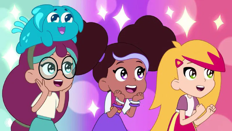 Три девушки-персонажа на радужном фоне — эмоции удивления и радости, яркая цветовая палитра и стилизованная анимационная эстетика для детей.