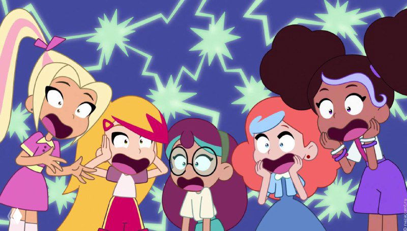 Группа детских персонажей на фоне звёзд — герои выражают разные эмоции, динамичная сцена с акцентом на реакцию и хореографию персонажей.