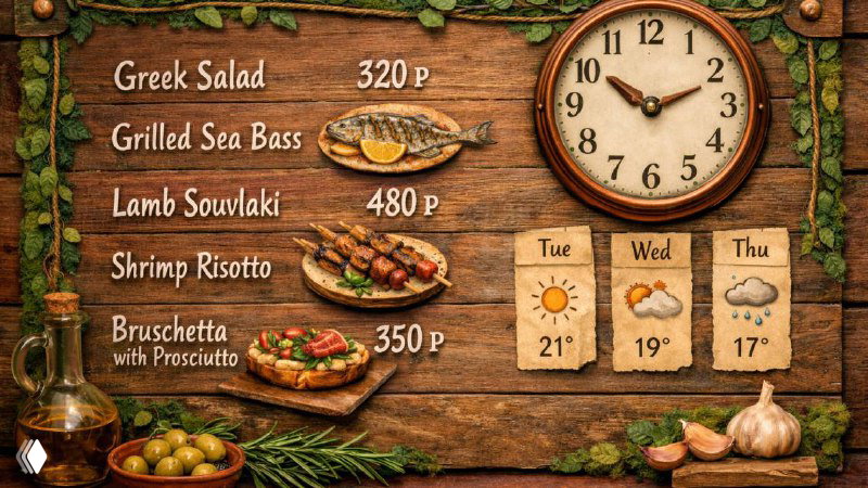 Сгенерированное меню в винтажном стиле: деревянный фон, блюда (salad, seabass, lamb), декоративные часы и блок прогноза погоды для экрана заведения