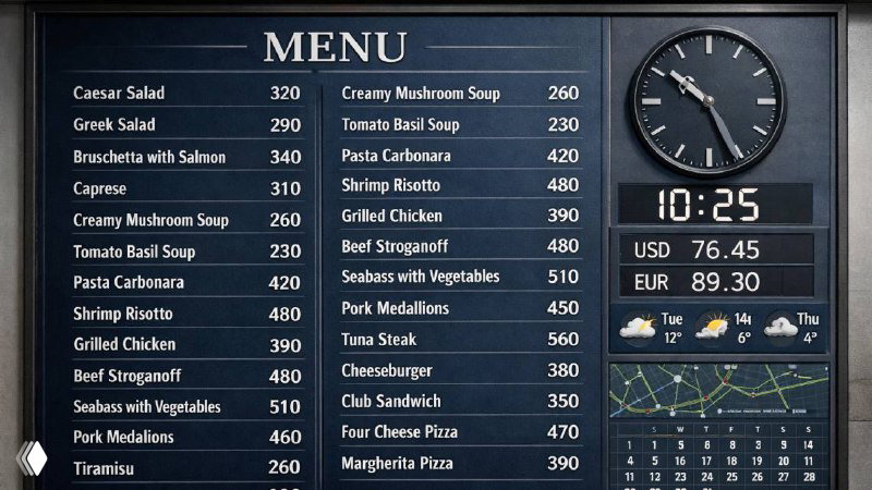 Классическое информационное меню на тёмном фоне: список блюд с ценами, декоративные линии, аналоговые часы и блок валютных курсов — готовый макет для вывода