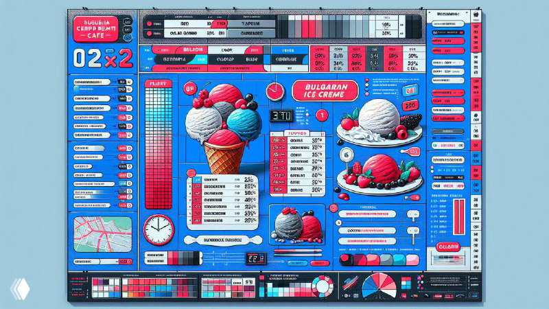 Яркое графическое меню в стиле интерфейса: насыщенные цвета, карточки товаров, цены и декоративные элементы — пример креативной генерации AI для экрана