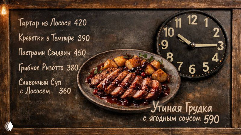 Генерированное меню с фотографией жареного мяса, часами и списком блюд с ценами; тёплая цветовая гамма и фоновая текстура для витрины ресторана