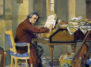 Людвиг ван Бетховен за фортепиано в рабочем кабинете, ноты и рукописи вокруг — визуализация темы компенсации и творчества