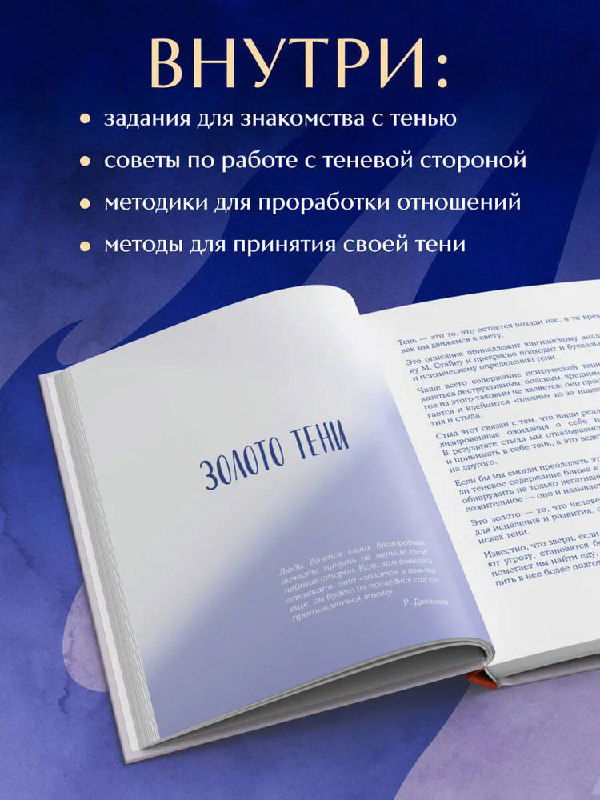 Разворот книги с заголовком «ВНУТРИ» и перечислением содержимого: задания, рабочие методики, методы принятия и советы для работы с теневой стороной.
