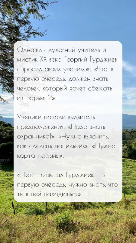 Деревянный пейзаж и полупрозрачный белый блок с цитатой; текст рассказывает короткую историю и задаёт вопрос о «надо».