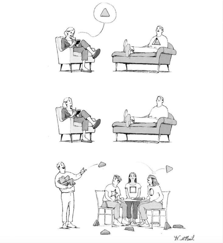 Чёрно-белая серия карикатур: терапевт и пациент на креслах в разных сценах беседы, затем кадр с человеком, бросающим бумажный самолётик.