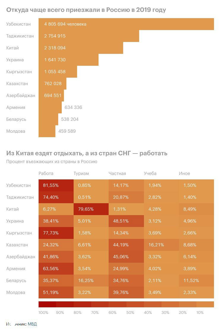 Из каких стран приезжали в Россию в 2019 и с какими целями