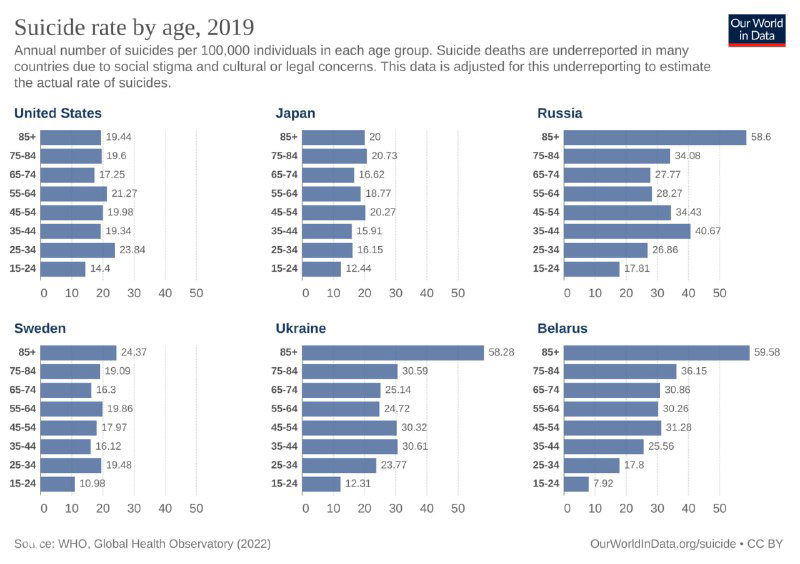 Набор горизонтальных диаграмм: число самоубийств по возрастным группам в шести странах в 2019 году для сравнения профилей.