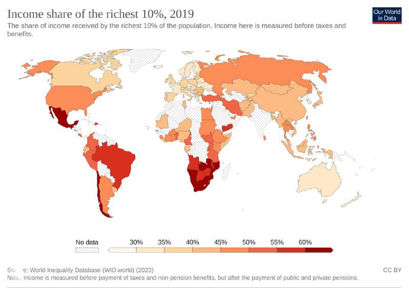 Карта доли доходов 10% самых богатых за 2019 год: более тёмные страны имеют большую долю дохода у верхнего дециля.