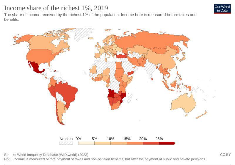 Карта доли доходов 1% самых богатых за 2019 год: распределение высокой концентрации доходов в верхнем проценте по регионам мира.