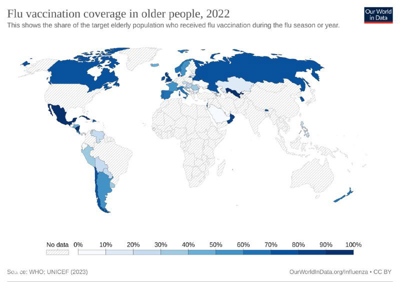 Карта охвата вакцинацией пожилых людей в 2022 году: доля пожилых, получивших прививку, с градацией от 0% до высоких значений по странам.