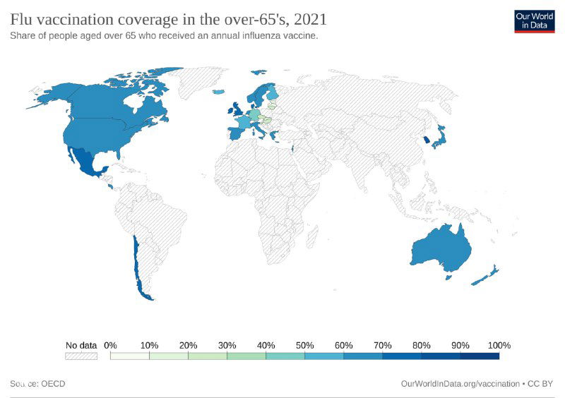 Карта охвата прививкой населения 65+ за 2021 год: показатели доли людей 65 лет и старше, получивших ежегодную прививку, по странам и регионам.