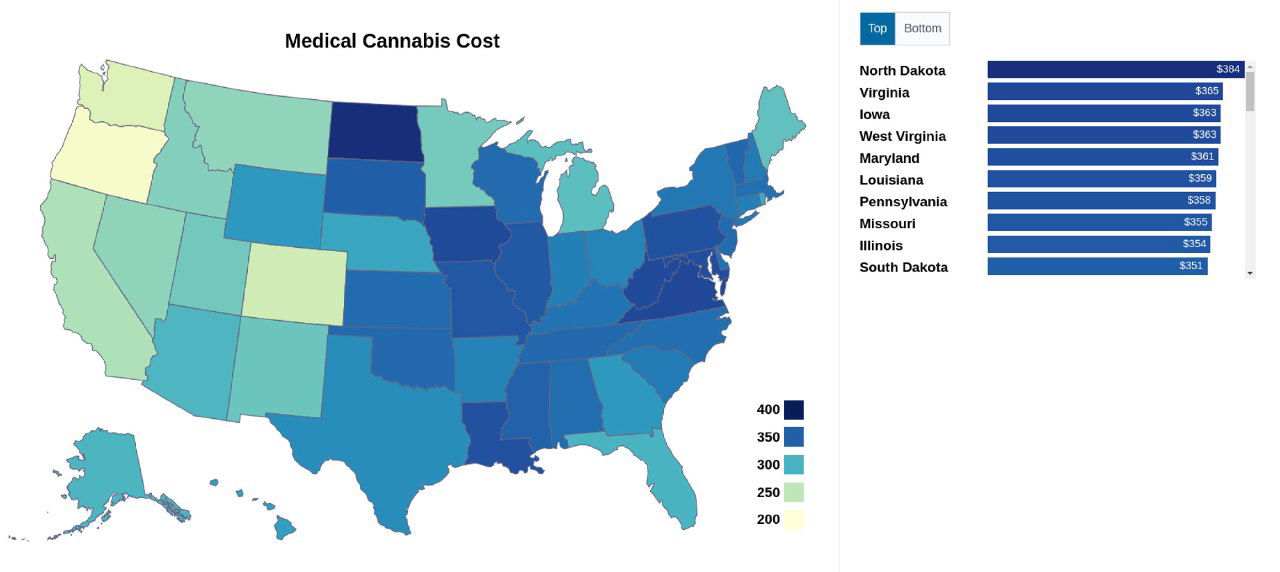 Стоимость медицинского каннабиса по штатам США, 2024