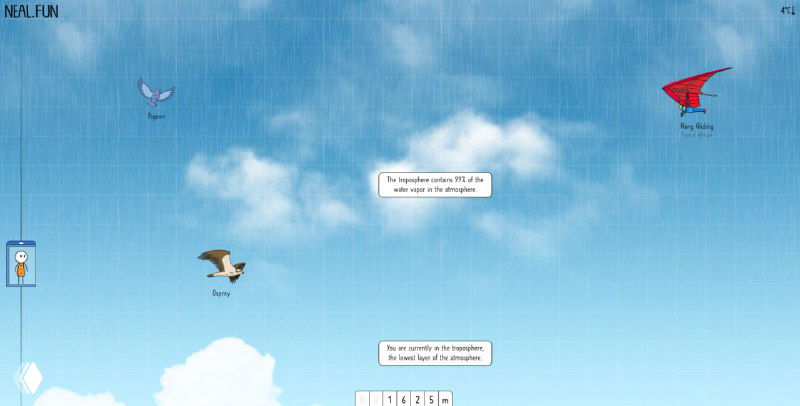 Скриншот уровня с облаками и летающими объектами: птица, бумажный самолётик и красный дельтаплан на шкале высот.