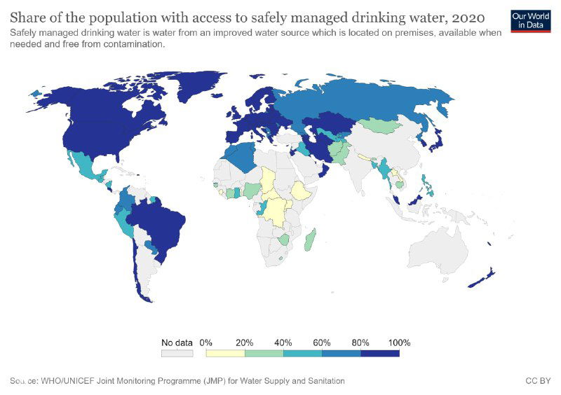 Карта мира: доля населения с доступом к безопасно управляемым источникам питьевой воды в 2020 году по странам и регионам.