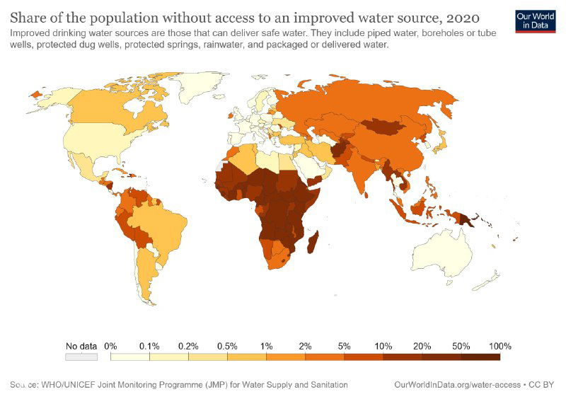Карта доли населения без доступа к улучшенным источникам воды в 2020 году; тёплые цвета отражают высокую долю без доступа.