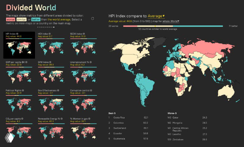 Интерактивная карта: мировая сопоставительная инфографика по международному индексу счастья, страны окрашены голубым, жёлтым и красным по сравнению со средним значением.