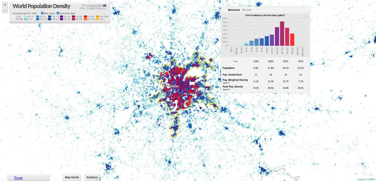 Интерактивная карта плотности населения в мире, 2020