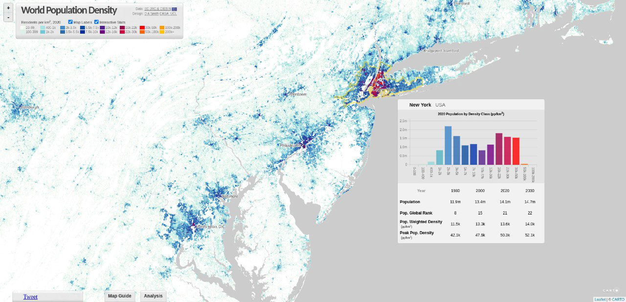Фрагмент карты Северо‑Восточного побережья США (2020) с высокоплотными городскими районами и диаграммой показателей плотности населения для региона
