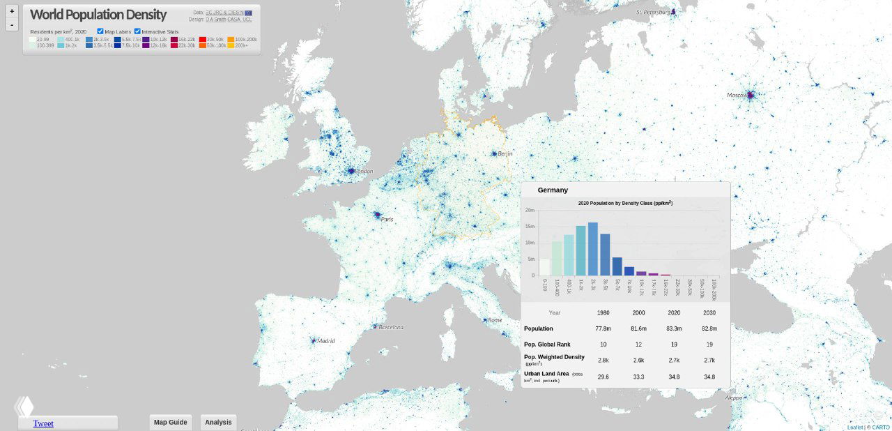 Карта Европы (2020) с плотностными паттернами: видно распределение по странам, выделены густонаселённые узлы и диаграмма по Германии