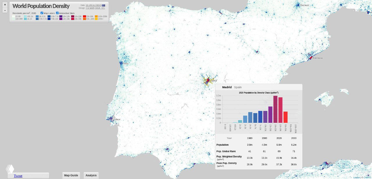 Пиренейский полуостров и Испания на карте плотности населения (2020) с выделением Мадрида и гистограммой распределения населения по классам плотности