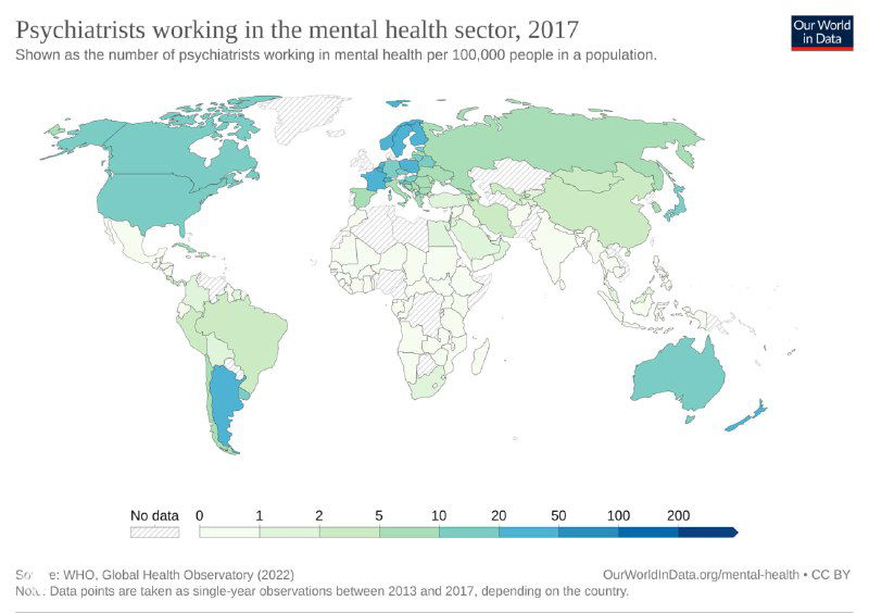 Карта мира с числом психиатров на 100 тысяч человек по странам (данные 2017 года); оттенки показывают плотность специалистов в разных регионах.