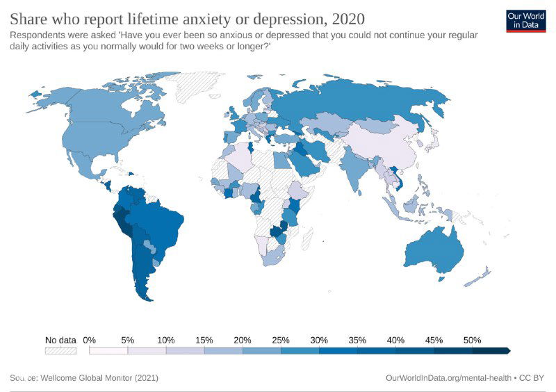 Карта доли людей, сообщавших о эпизодах тревожного расстройства или депрессии за жизнь по странам (оценка 2020 года); интенсивные тона — большая доля.