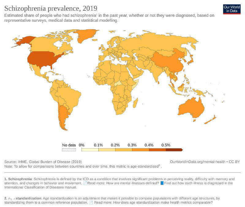Карта распространённости шизофрении по странам за 2019 год; цветовая шкала отображает долю случаев на население в разных регионах мира.