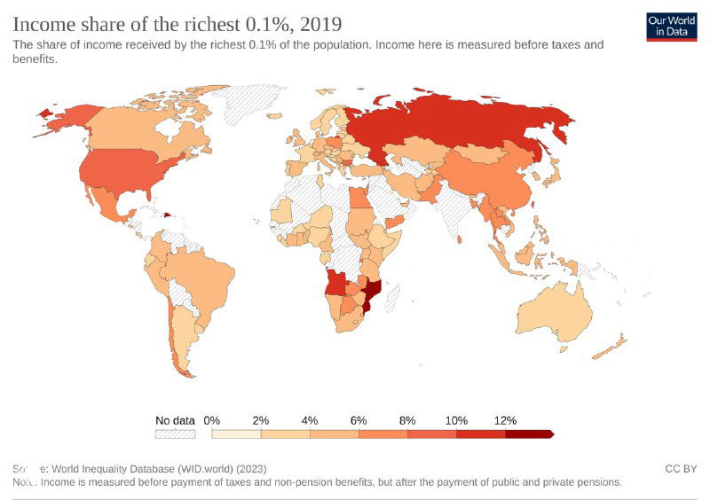 Карта доли доходов 0,1% самых богатых за 2019 год: тёмные регионы указывают на высокую концентрацию миллионов и сверхбогатых.