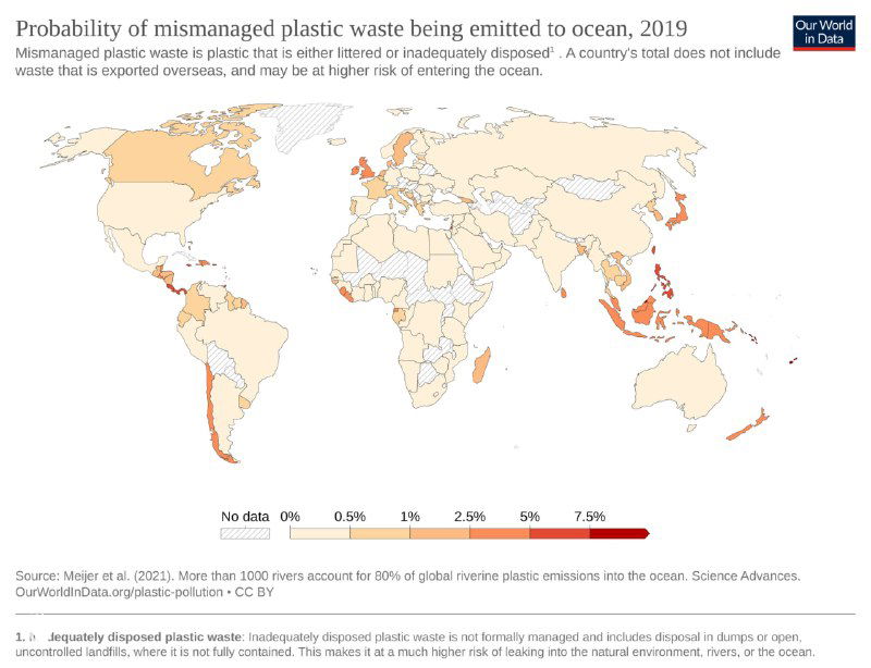 Карта вероятности попадания пластиковых отходов в океан в 2019 году — тёплые цвета означают более высокий риск попадания в морскую среду.
