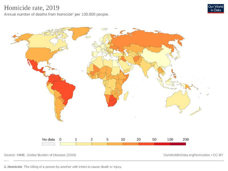 Мировая карта уровня смертности от умышленных убийств на 100 000 человек населения в 2019 году с цветовой шкалой интенсивности по странам.
