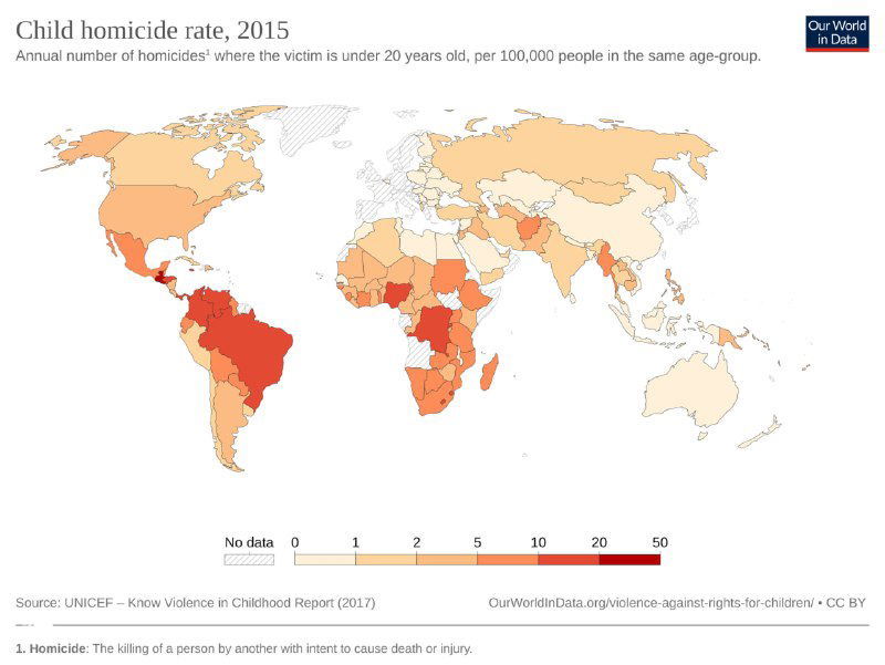 Карта детской смертности (до 20 лет) от умышленных убийств, 2015: уровень смертности на 100 000 человек в возрастной группе до 20 лет по странам.