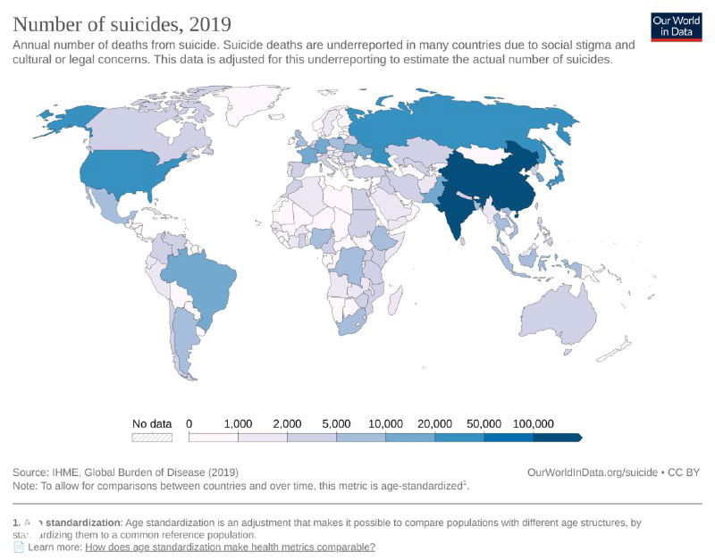 Карта мира, показывающая общее число самоубийств в 2019 году; тёмные участки соответствуют большим абсолютным числам в странах с высокой популяцией.