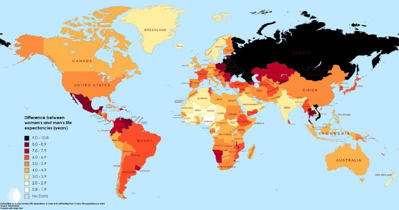 Разница в продолжительности жизни между полами, 2022