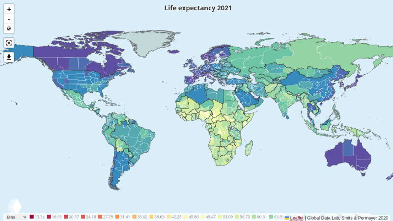 Мировая карта ожидаемой продолжительности жизни (2021): распределение по странам, глобальная хлороплетная карта с цветовой шкалой.