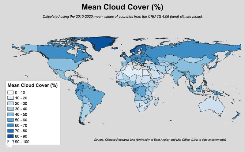 Средняя по странам карта облачного покрова (%): оттенки синего показывают среднюю долю неба, покрытого облаками, усреднено за 2010–2020 годы.