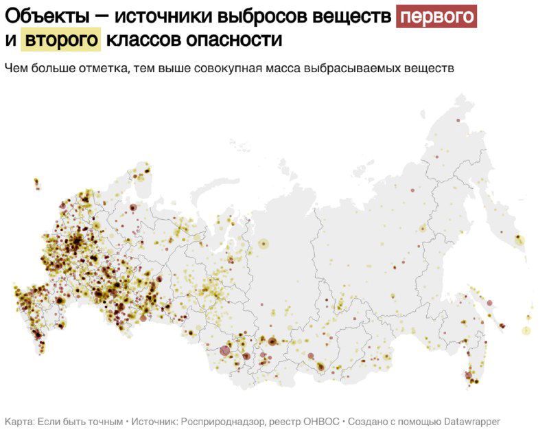 Интерактивная карта объектов в России с крупнейшими выбросами вредных веществ в 2023 году, точки по территории страны и плотность отметок.