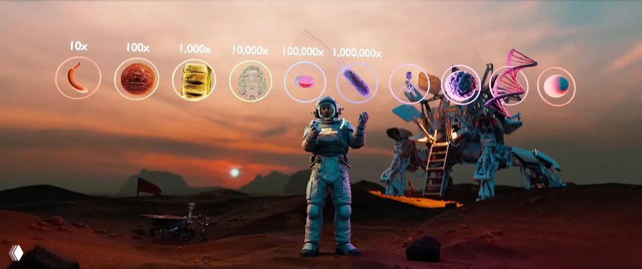 Кадр с астронавтом и линией иконок масштабов (10×, 100×, 1000× и т.д.), иллюстрирующий экспоненциальное изменение размеров объектов.