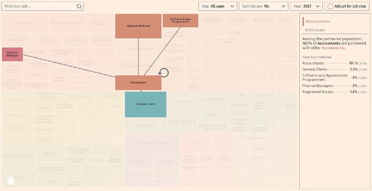 Треemap фрагмент с профессией «Accountants» и линиями к другим распространённым партнёрам; в правой панели — доля партнерств и список наиболее частых матчей.