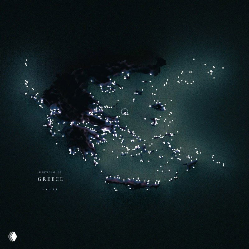 Стилизованная ночная карта Греции: архипелаг и материковая часть с многочисленными световыми пятнами, обозначающими маяки, причалы и прибрежные огни островов Эгейского моря.