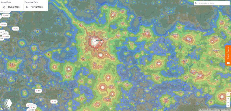 Карта Европы со шкалой светового загрязнения и пометками крупных городов, где ночная засветка особенно сильна.