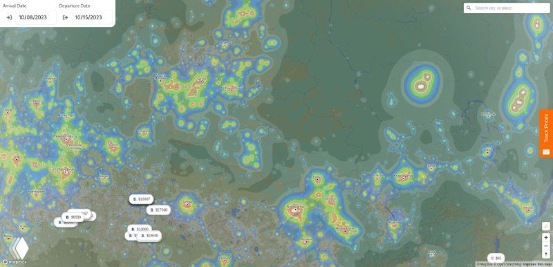 Карта Тихого океана и побережий с цветовой шкалой светового загрязнения, показывающая источники засветки у островов.