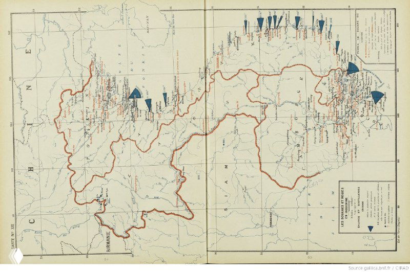Двухстраничная карта с контурными линиями и символами, демонстрирующая географическое и демографическое распределение в частях Индокитая.