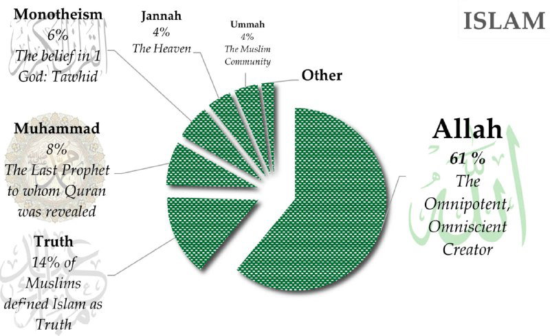 Круговая диаграмма по исламу: доминирующий сектор «Allah» 61% и распределение остальных ответов с подписями на светлом фоне инфографики.