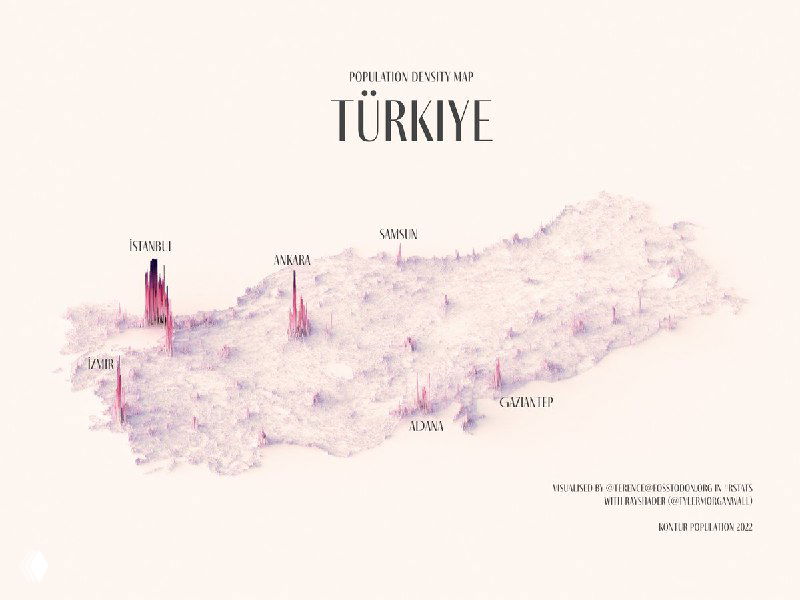 Карта Турции (Türkiye) 2022 с точечной 3D-визуализацией плотности населения: концентрация в мегаполисах и вдоль побережья.