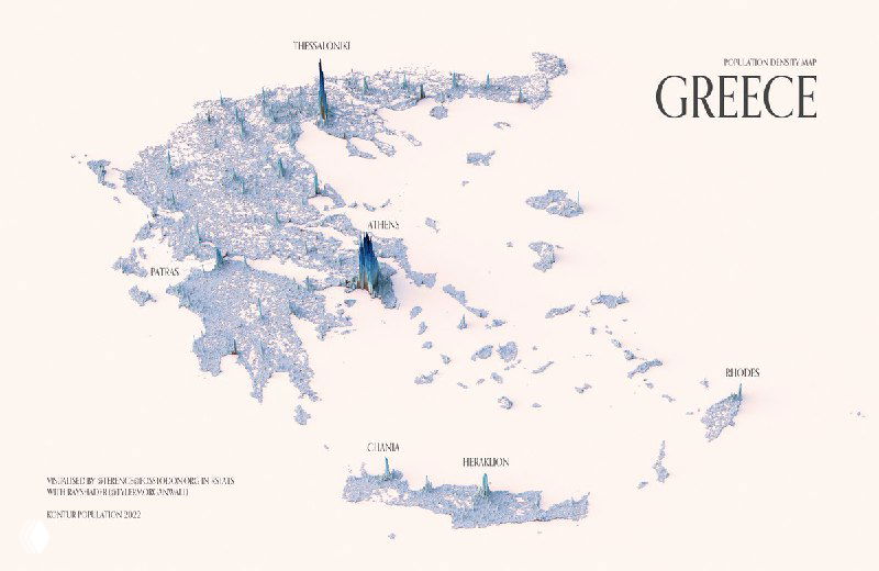 Карта Греции (Greece) 2022 с точечной визуализацией: столбцы плотности населения у Афин и других прибрежных центров.
