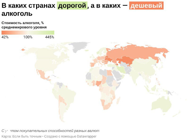 Хороплетная карта мира с градацией стоимости алкоголя: красные страны — дорогой алкоголь, зелёные — дешёвый; даёт контекст ценовой доступности.